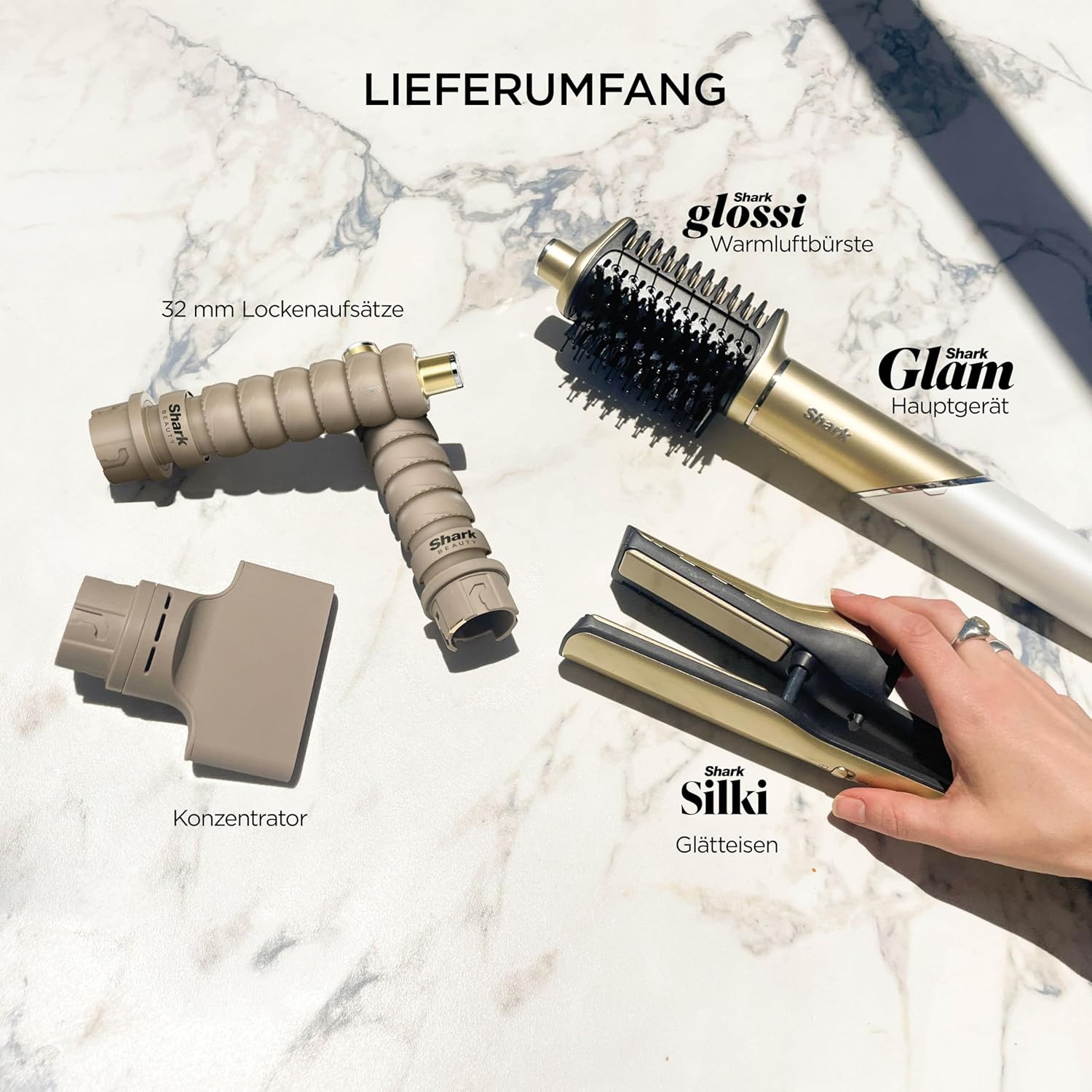 Shark Glam Multistyler und Haartrockner für glatte Haare, Wellen und Locken, mit hitzekontrollierter Keramik, Gloss-Lock-Technologie und 5 Styling-Aufsätzen inkl. Silki, Glossi, HD6051SEU